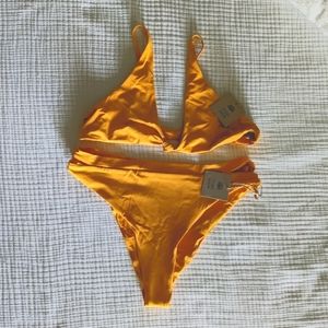 Toast Swim Cutout Bottoms and Knotted Top in marigold